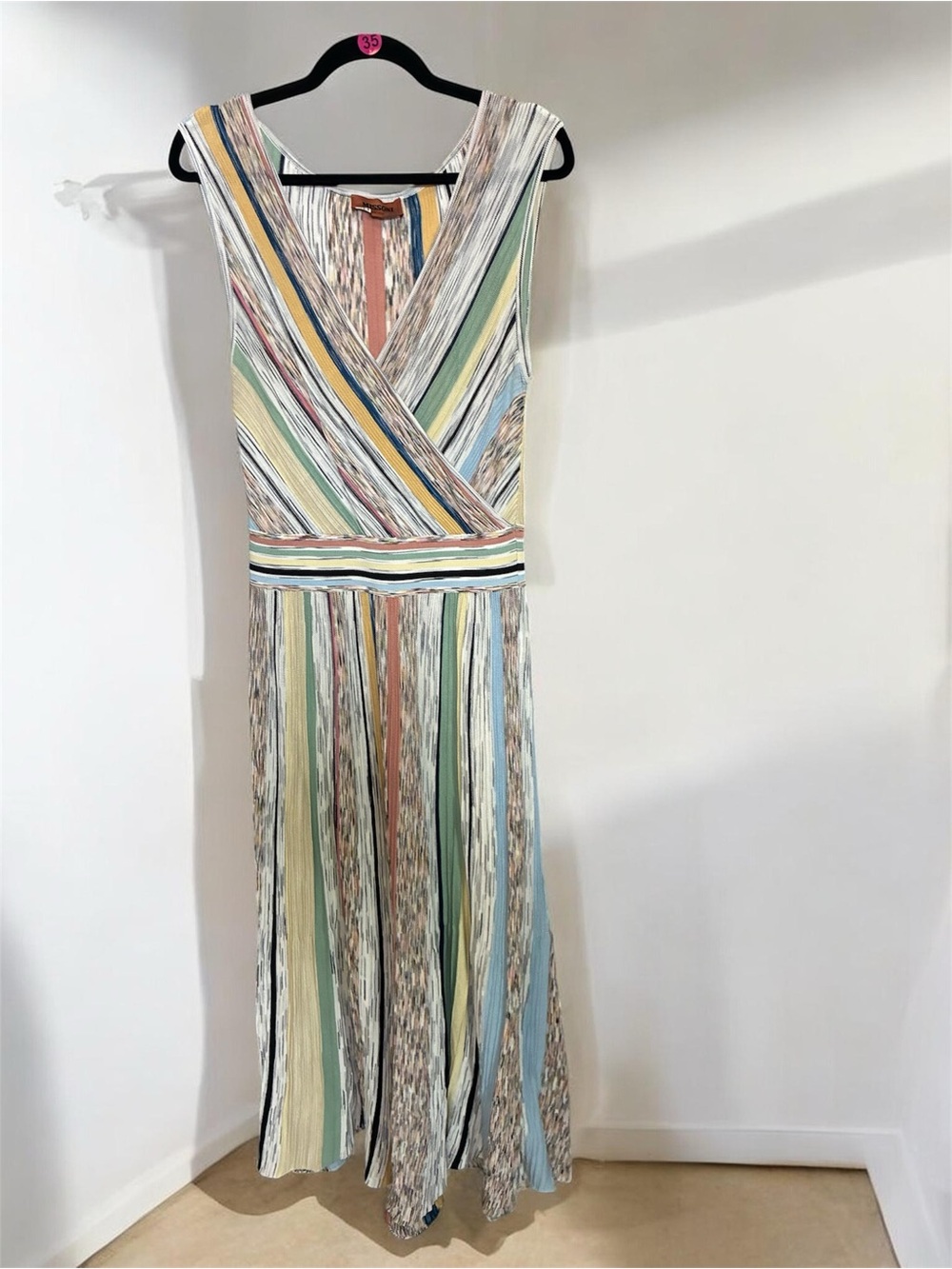 Missoni White V-Neck Midi Dress with Multicolor Pastel Stripes